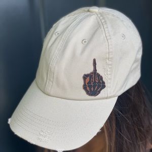 Womens Distressed hat Cream middle finger patch leatherette